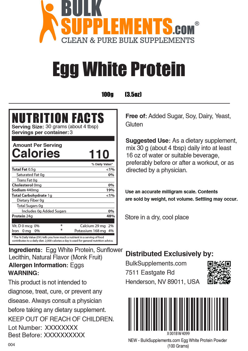 Egg White Protein 100g Nutrition Facts
