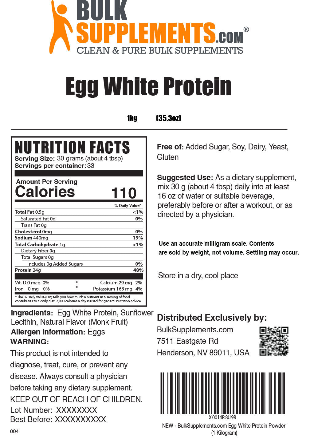 Egg White Protein 1kg Nutrition Facts