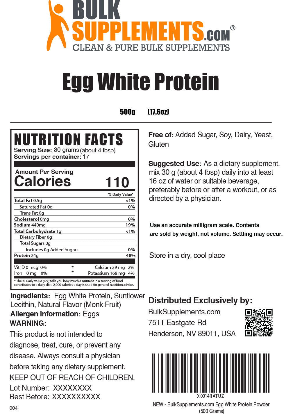 Egg White Protein 500g Nutrition Facts
