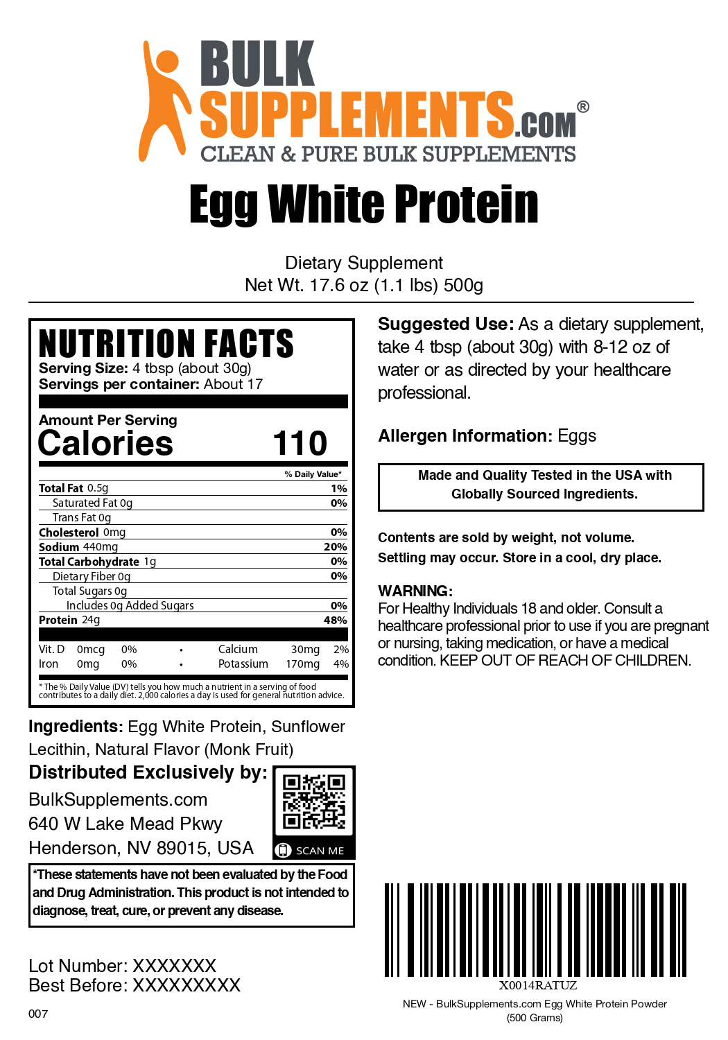 Egg white protein powder label 500g