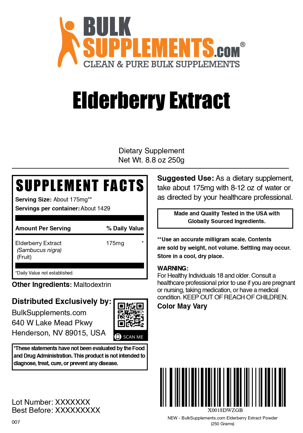 Elderberry extract powder label 250g