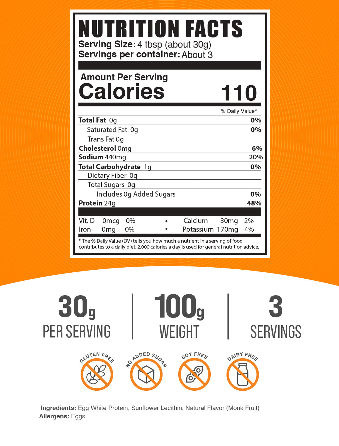 Egg white protein powder label 100g
