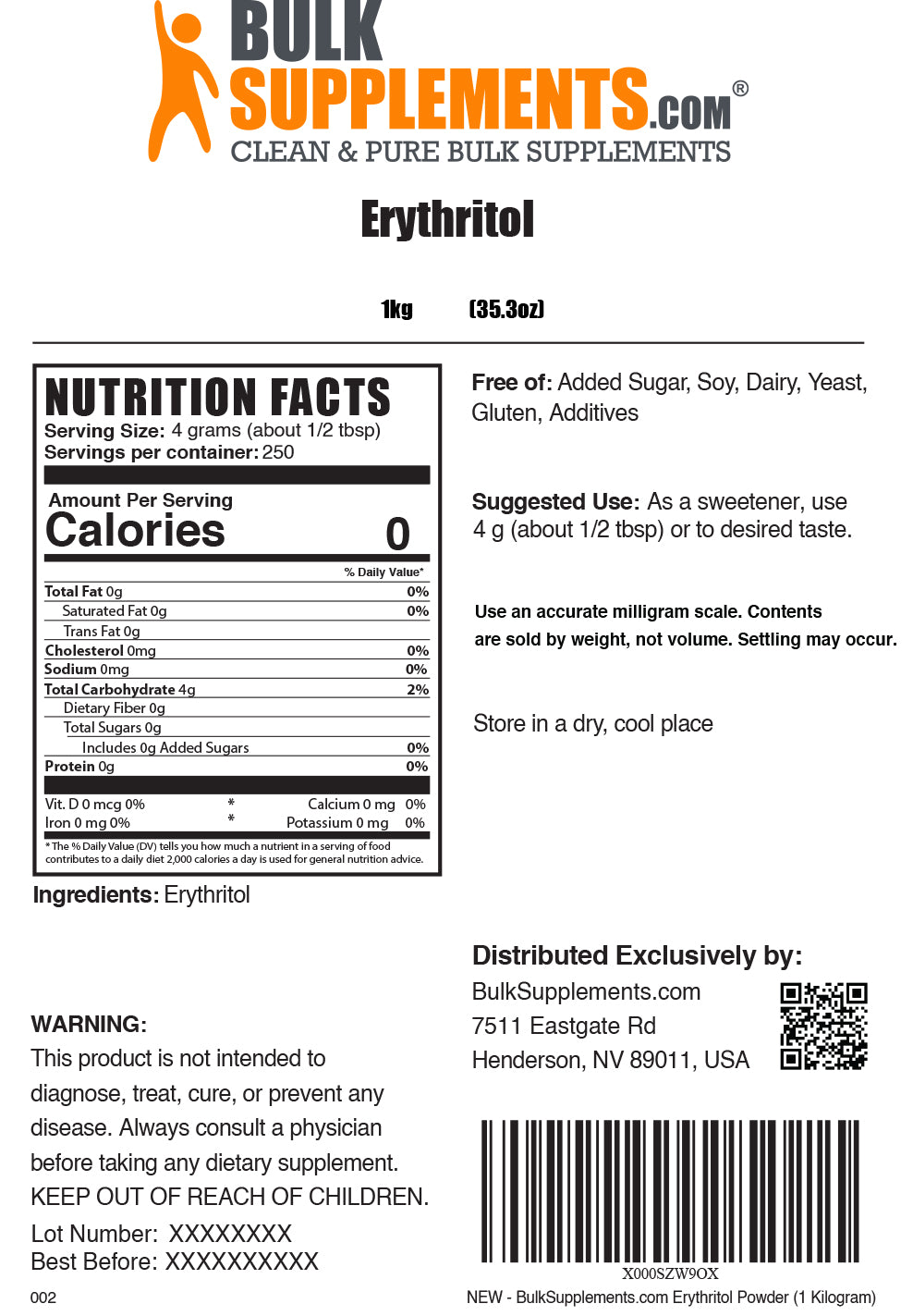 Erythritol Powder label 1kg