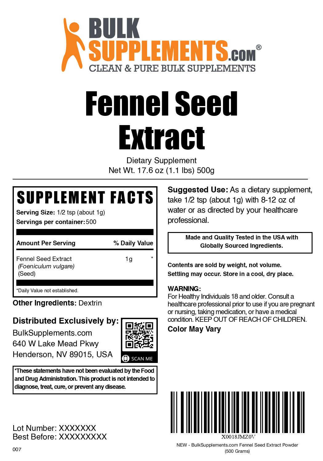 Fennel seed extract powder label 500g