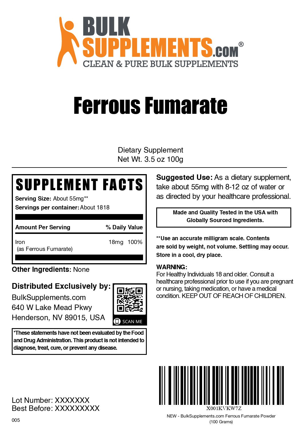 Ferrous Fumarate Powder 100g label