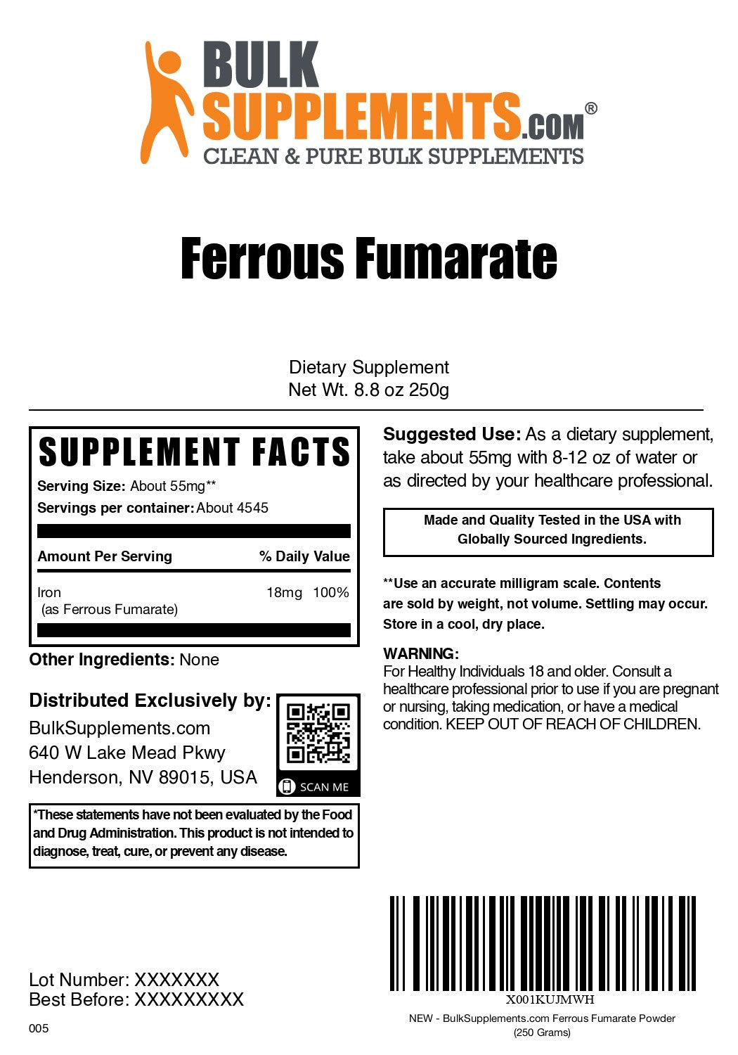 Ferrous Fumarate Powder 250g label