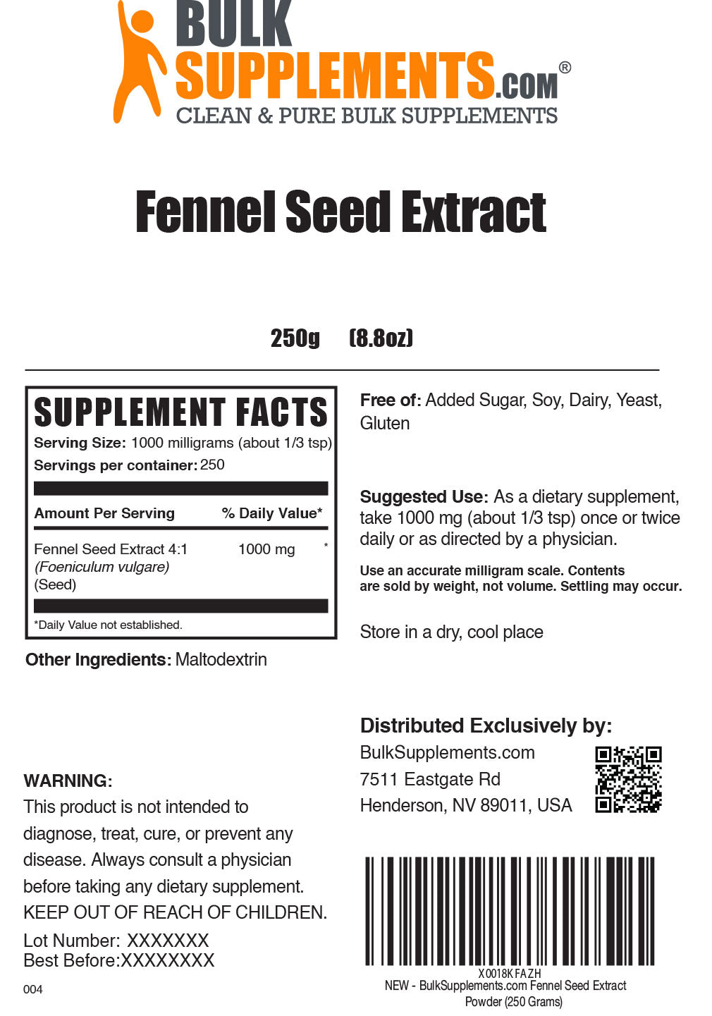 Supplement Facts Fennel Seed Extract