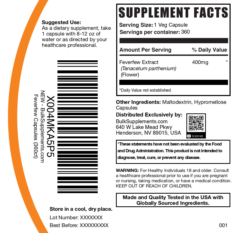 Feverfew extract 360 capsules label