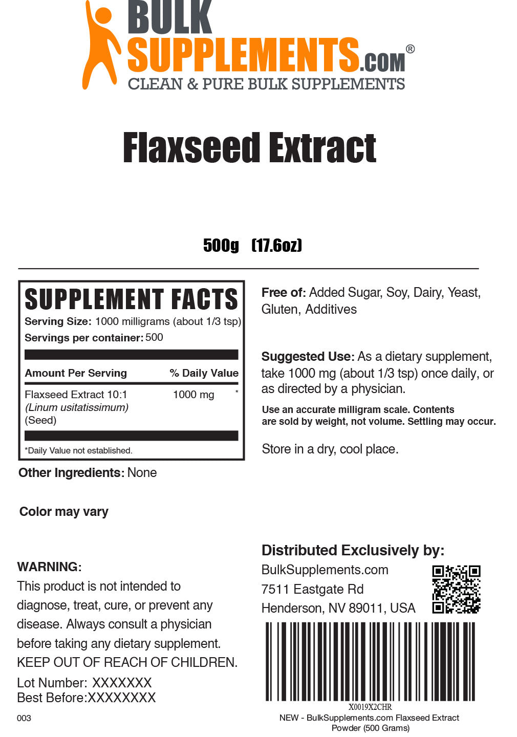 Supplement Facts Flaxseed Extract Powder
