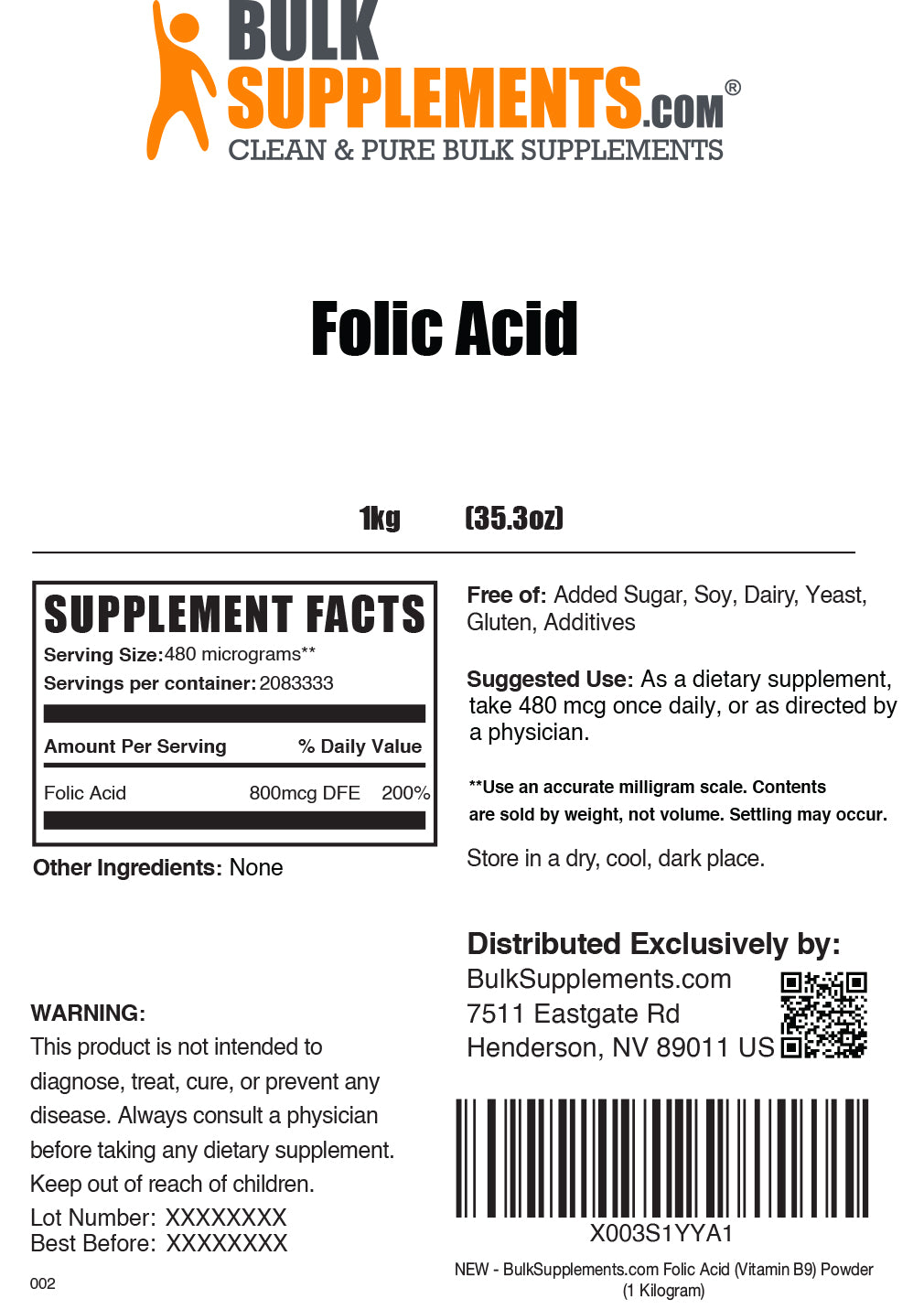 Supplement Facts Folic Acid Powder