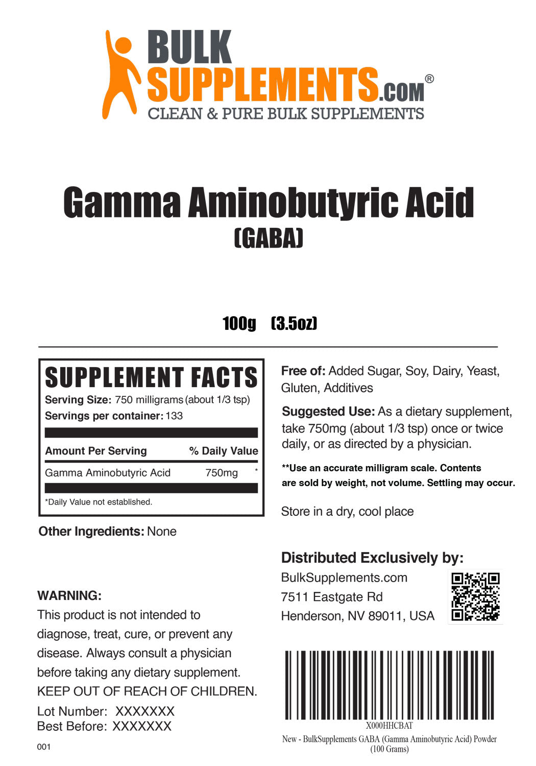 Supplement Facts GABA Gamma Aminobutyric Acid