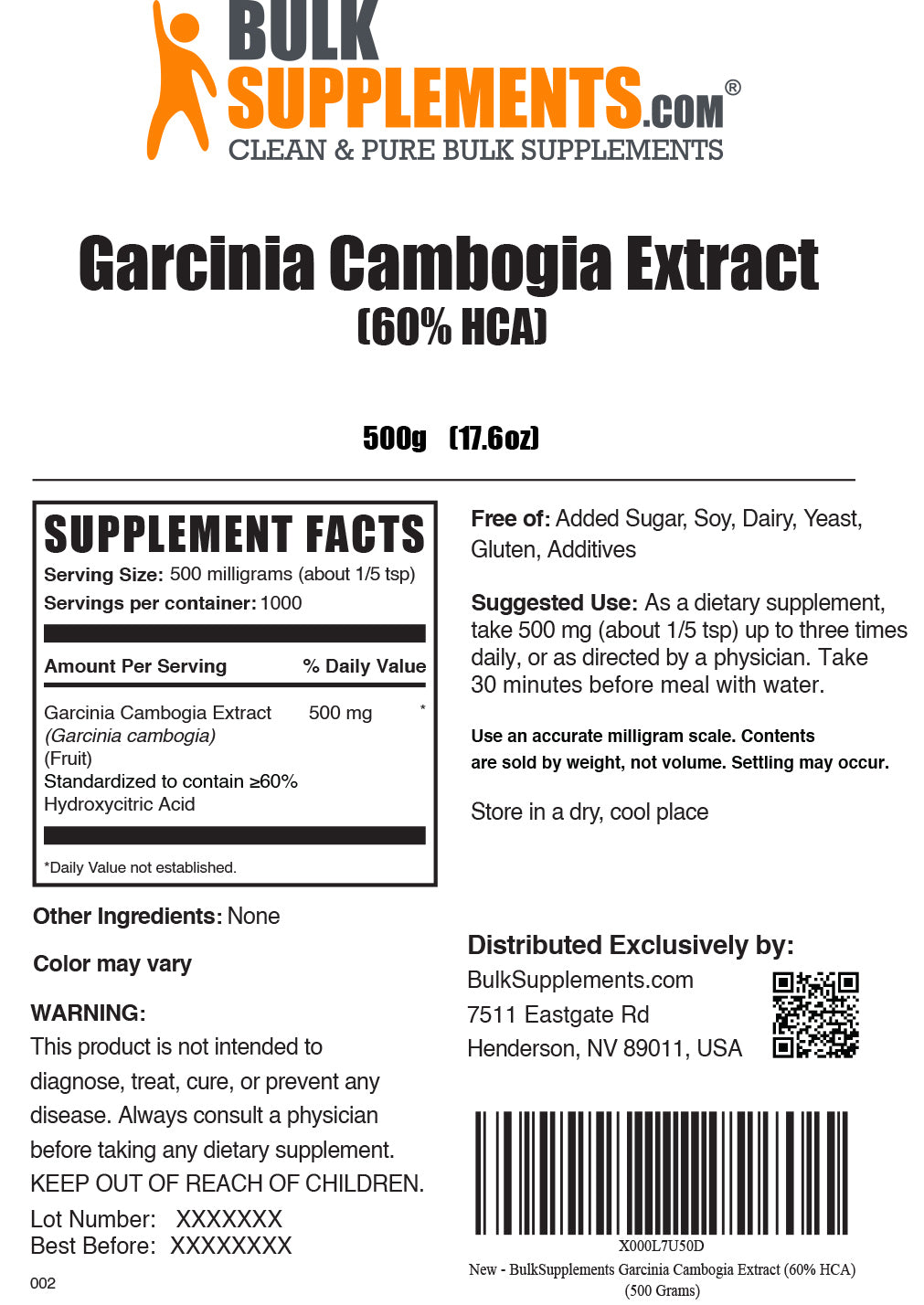 Garcinia Cambogia Extract 60% HCA powder label 100g