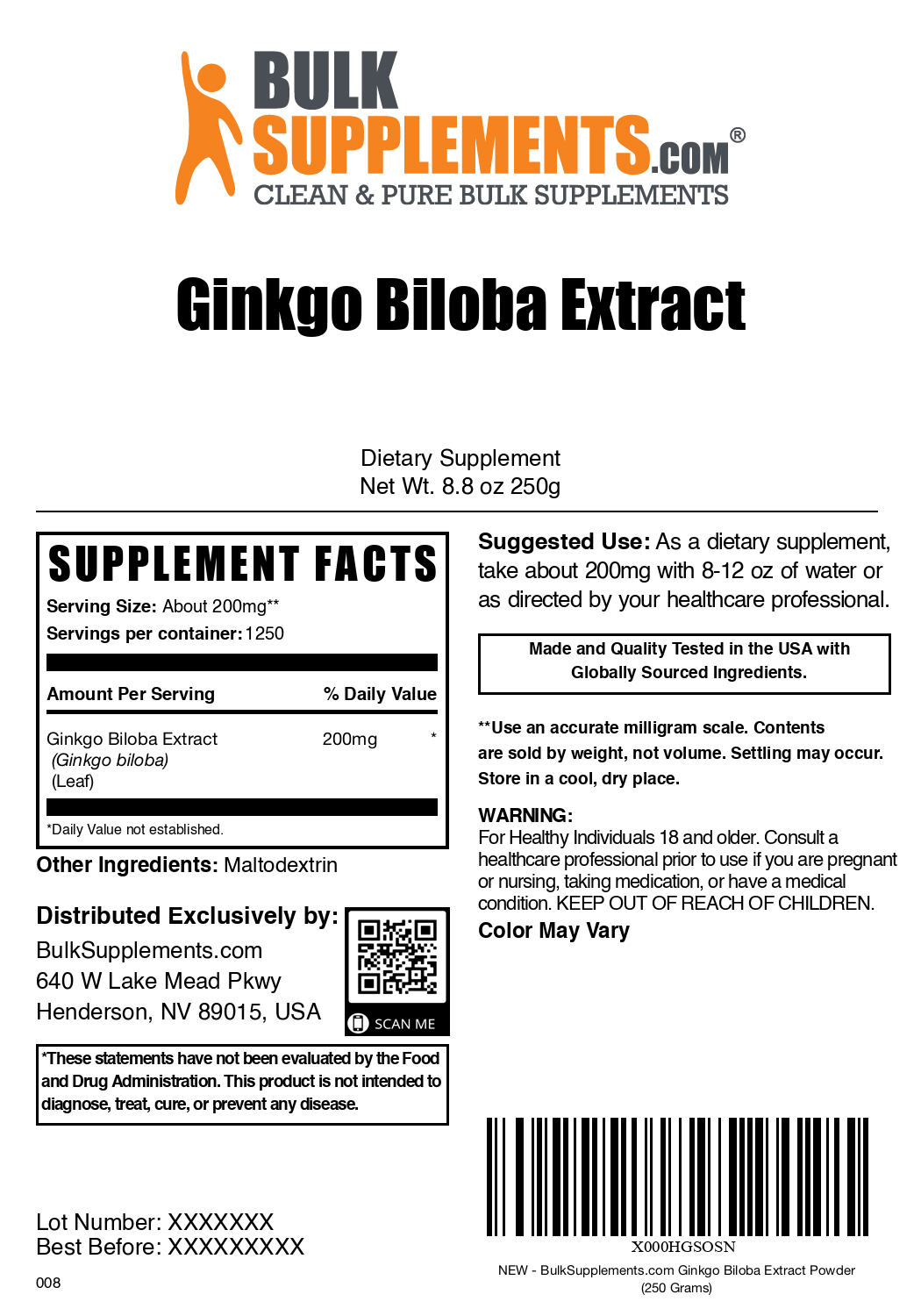 Ginkgo Biloba Extract 250g Bag Label