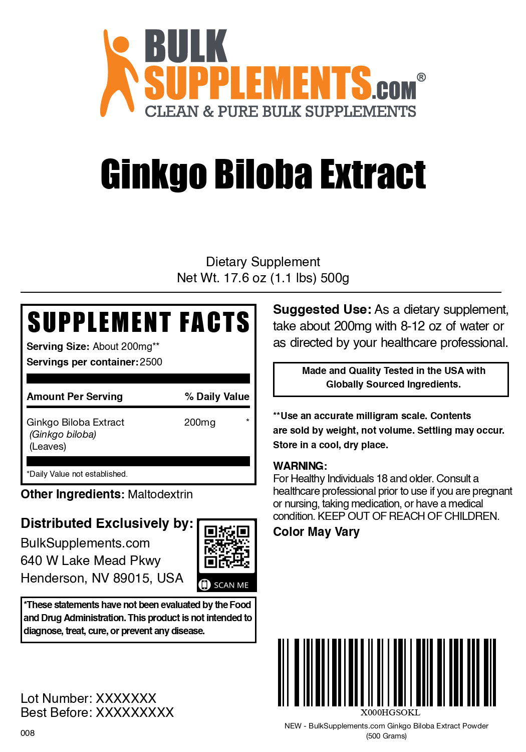 Ginkgo biloba extract powder label 500g