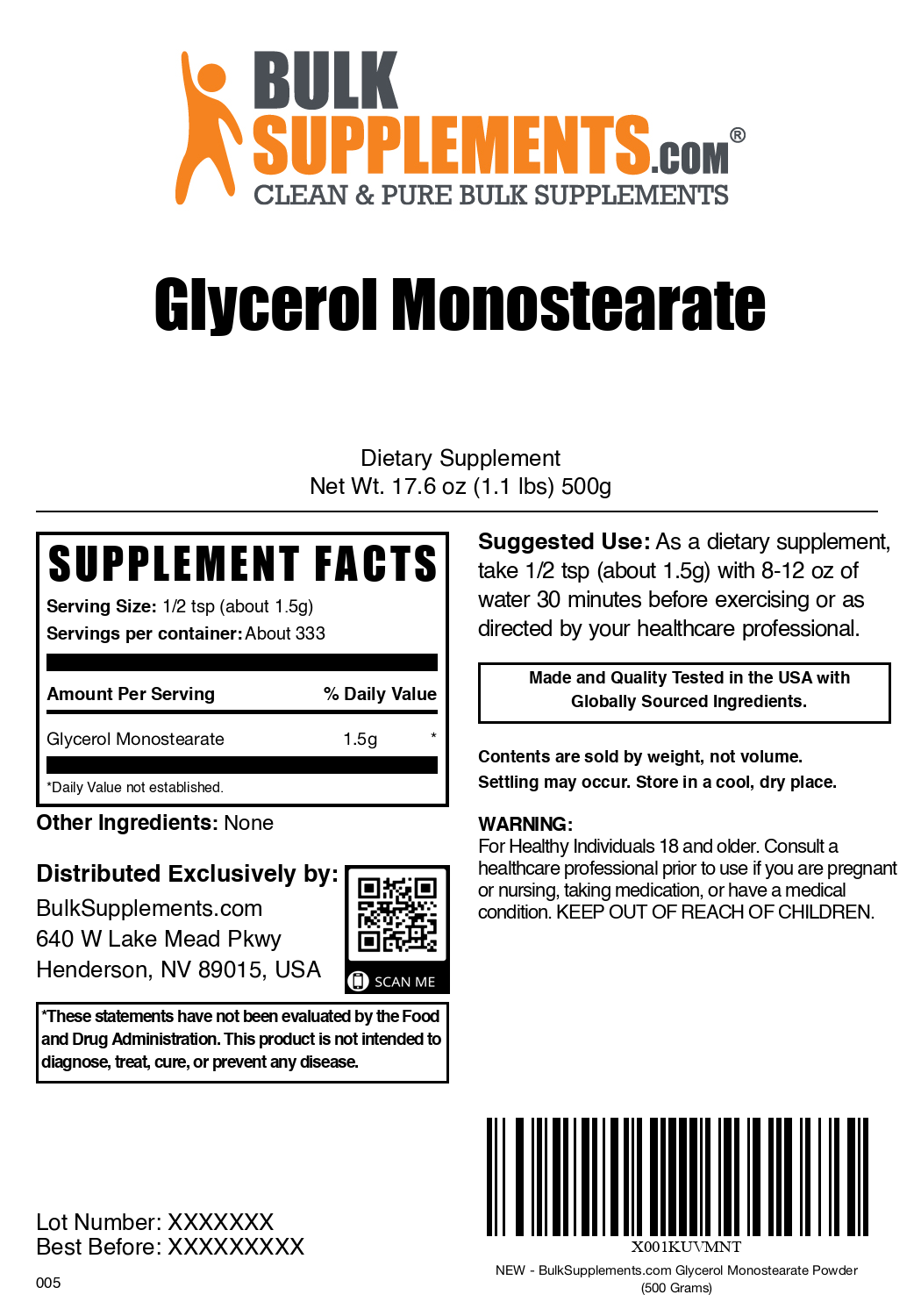 Glycerol Monostearate Powder 500g Plan Label