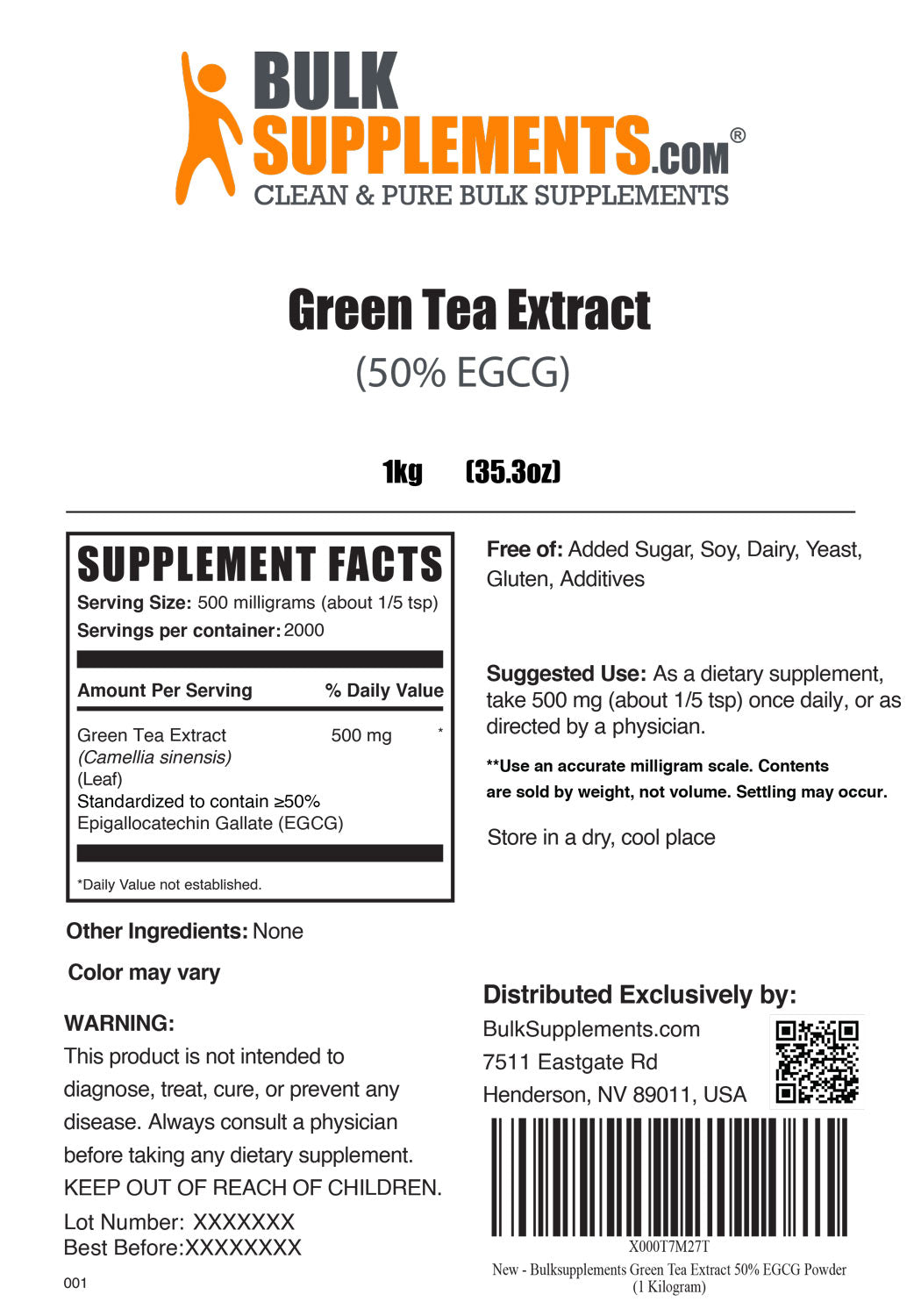 Supplement Facts Green Tea Extract 50% EGCG