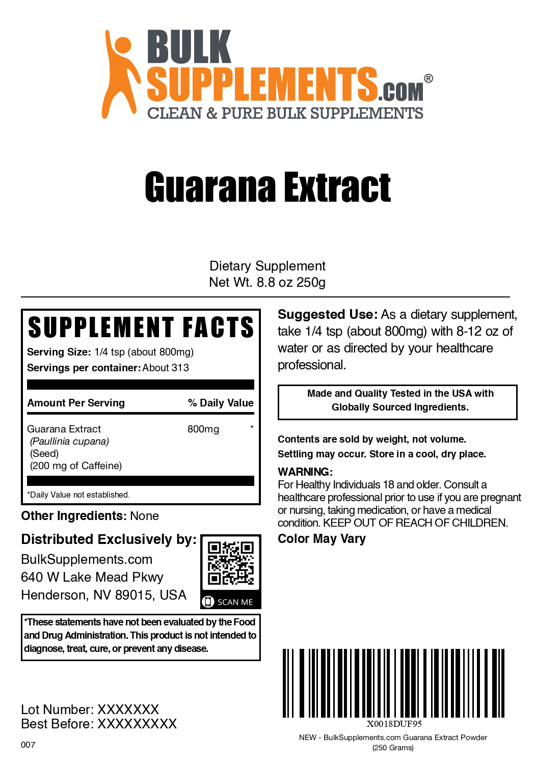 Guarana extract powder label 250g