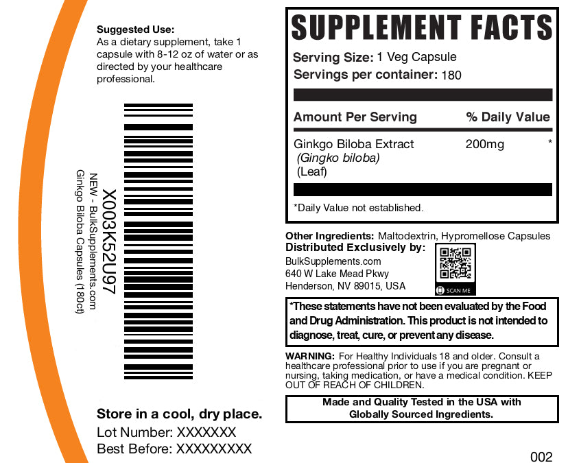 Ginkgo biloba extract 180 capsules label