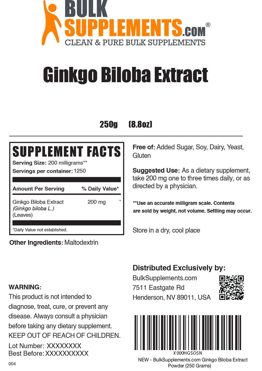 Ginkgo Biloba Extract powder label 250g