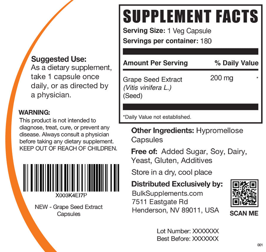 Grape Seed Extract capsules label 180 ct