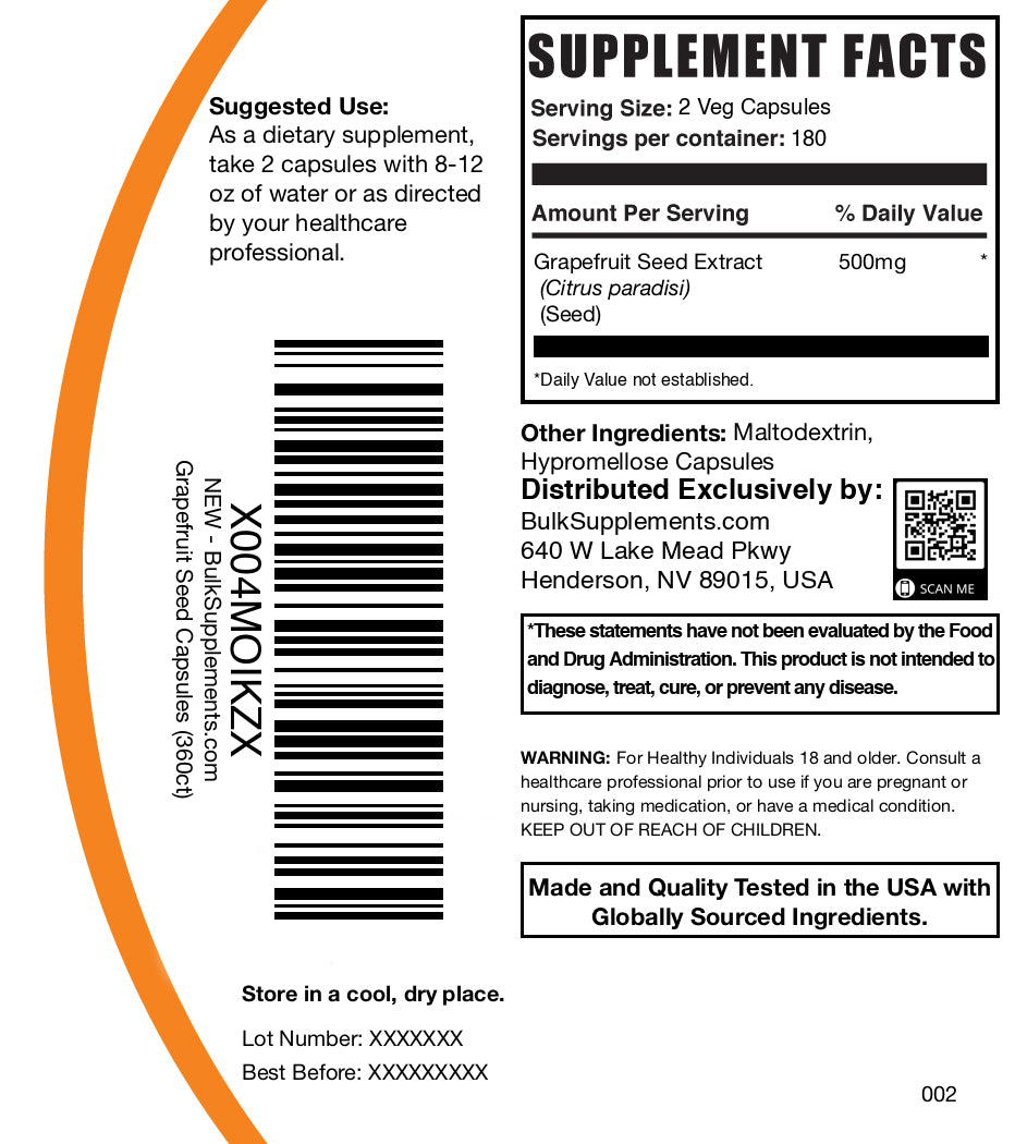 Grapefruit seed extract 360 capsules label