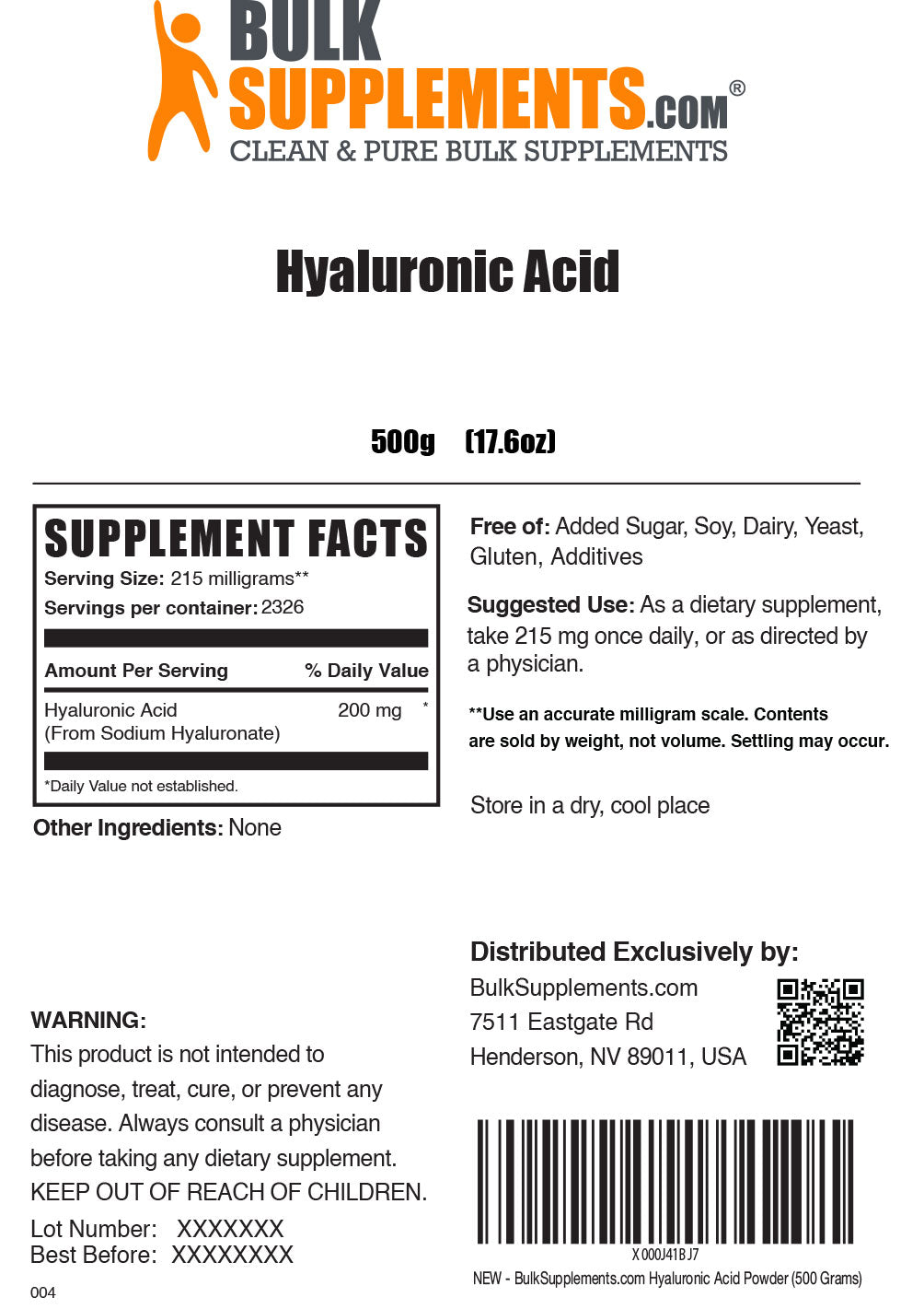 Supplement Facts Hyaluronic Acid