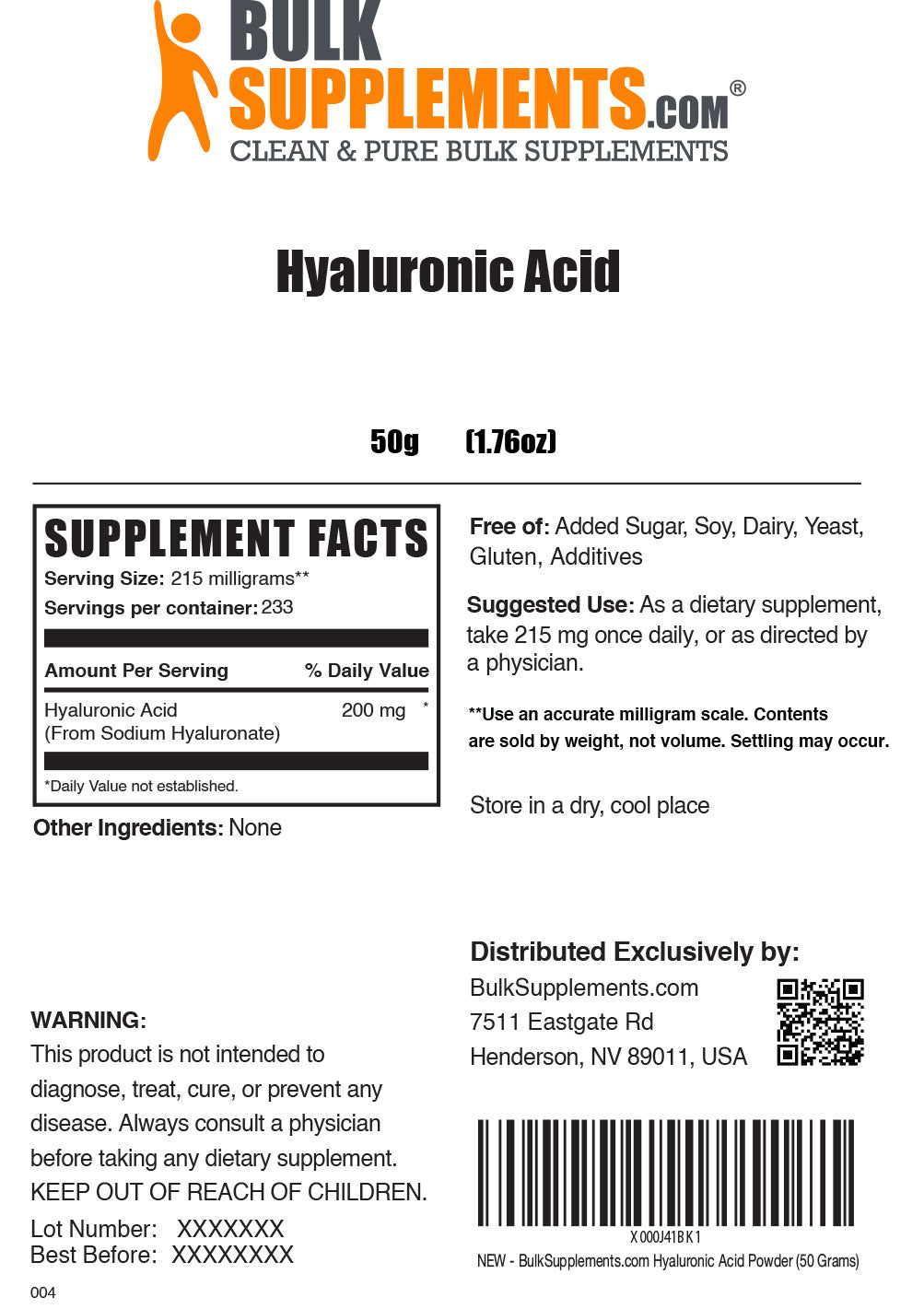 Hyaluronic Acid powder label 50g