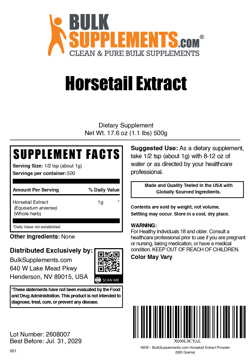Horsetail Extract Powder 500g Plain Label