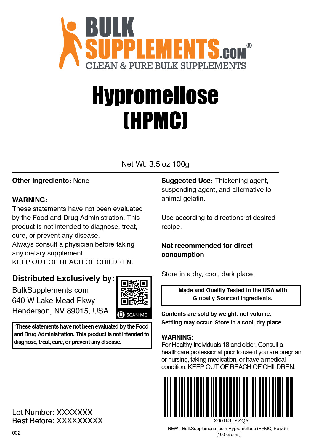 Hypromellose Powder 100g Label