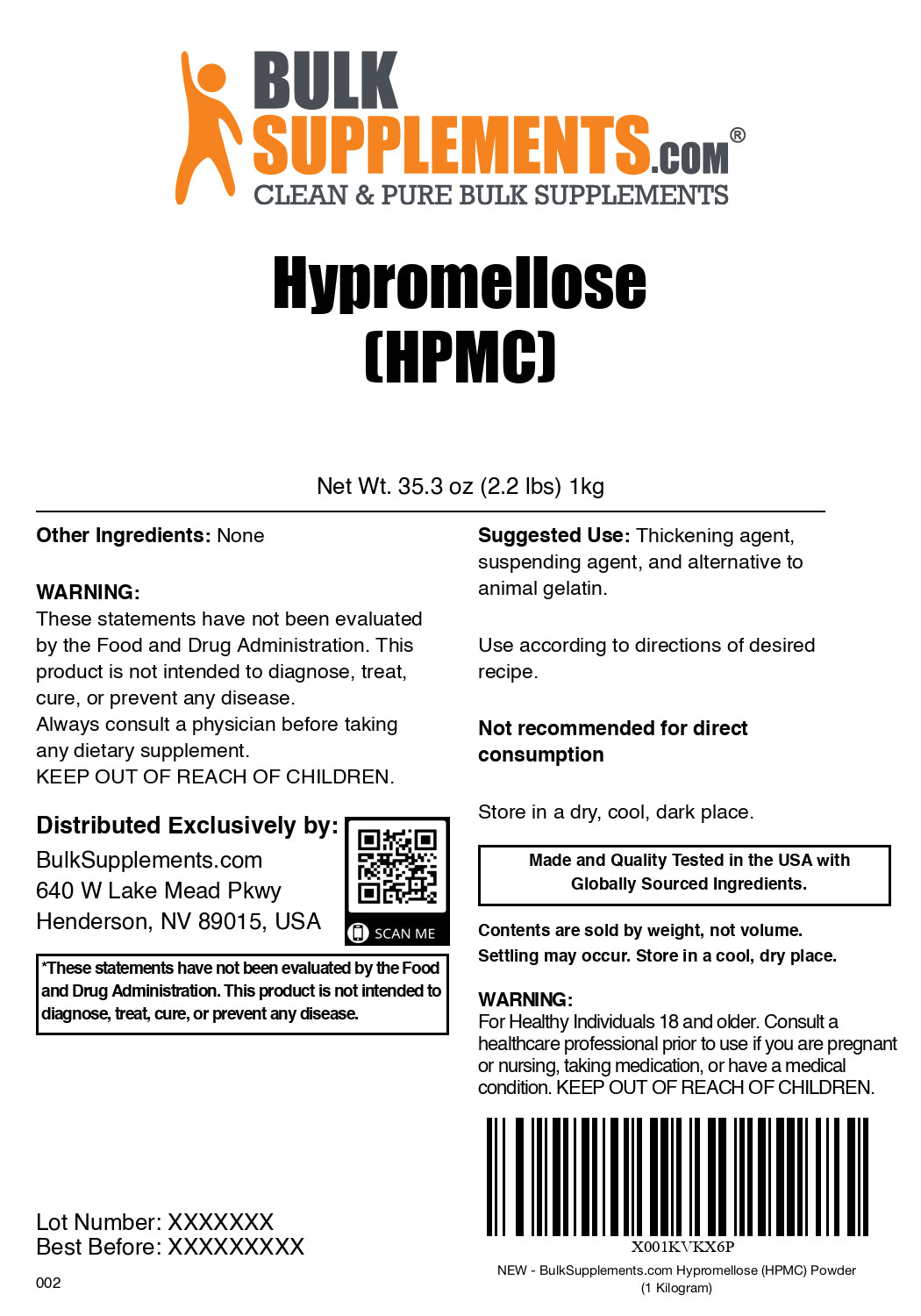 Hypromellose Powder 1kg Label