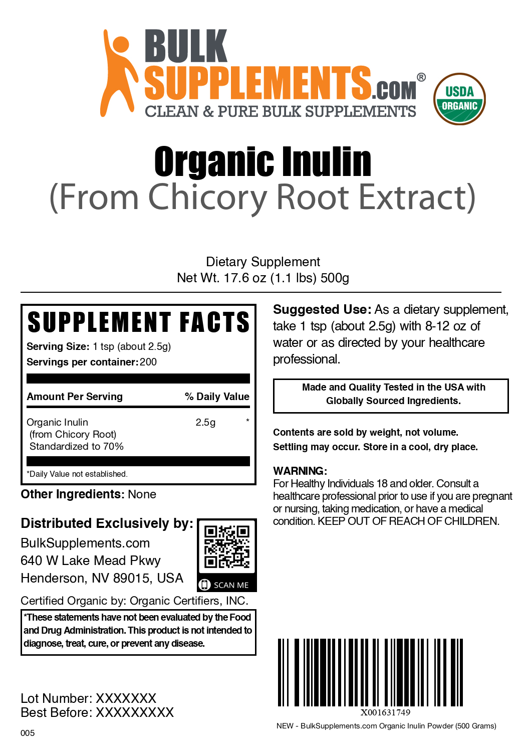 Organic inulin powder label 500g