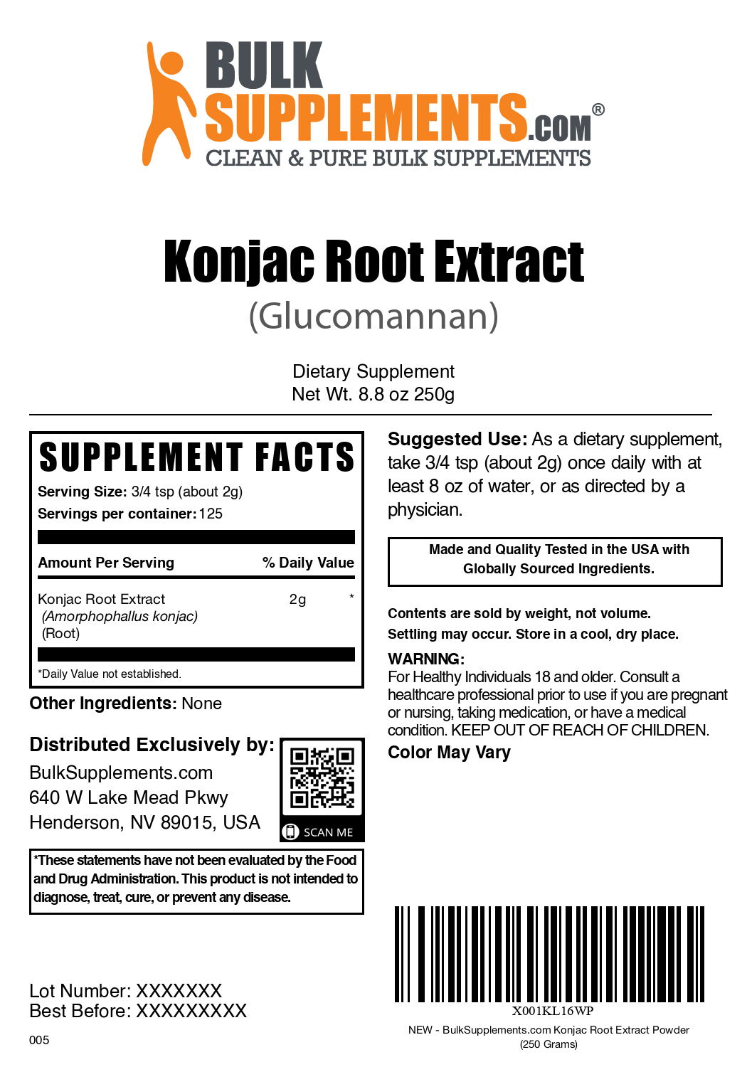 Glucomannan Extract (Konjac Root) powder label 250g