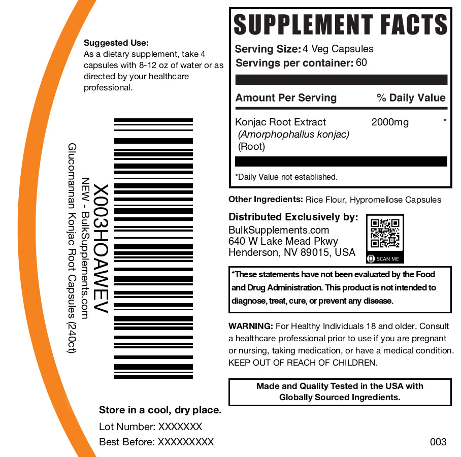 Konjac root 240 capsules label