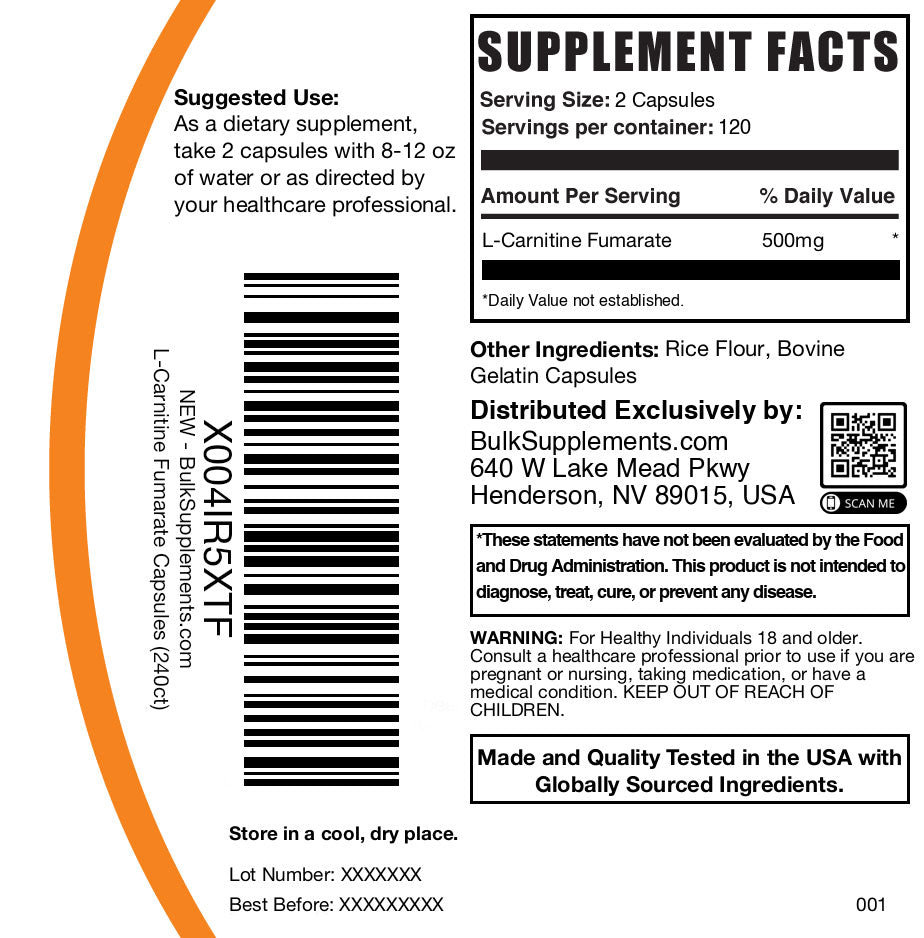 L-Carnitine Fumarate 240 capsules label