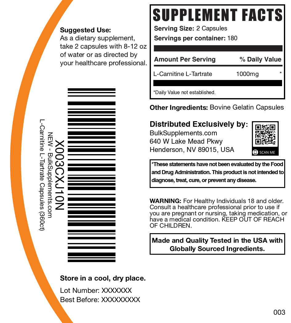 L-Carnitine L-Tartrate 360 capsules label
