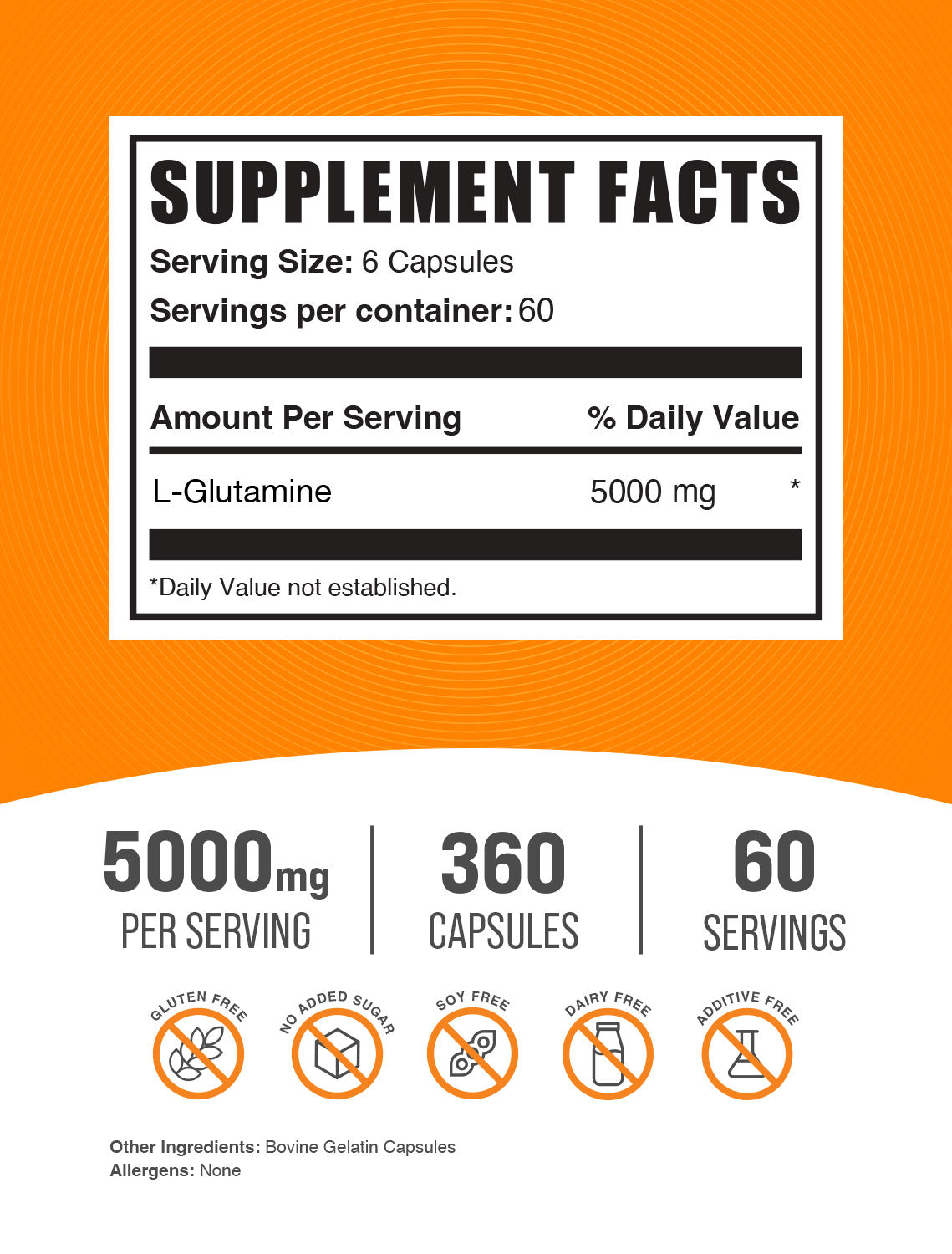 BulkSupplements L-Glutamine Capsules 5000mg 360 caps Supplement Facts