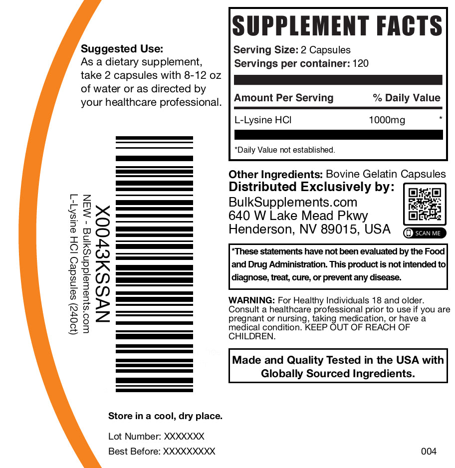 L-Lysine 240 capsules label