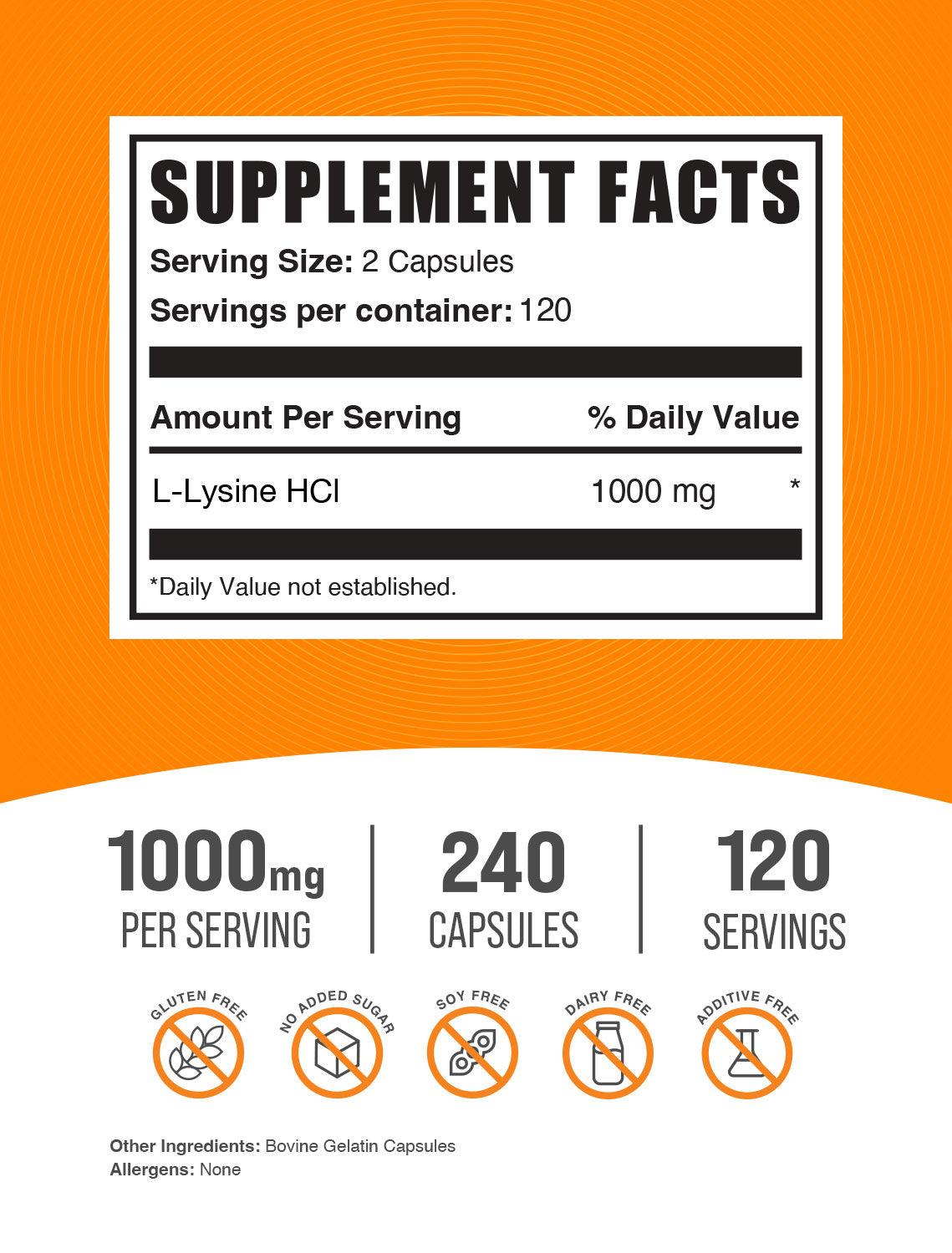 L-Lysine 240 capsules label