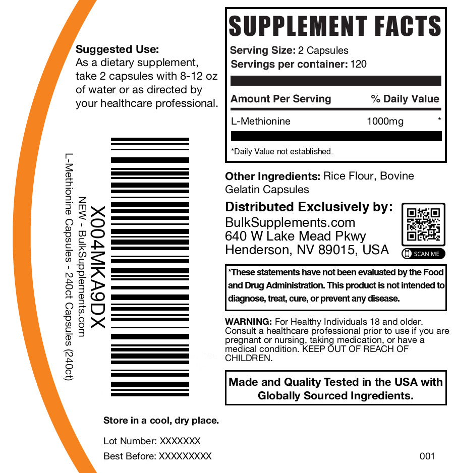 L-Methionine 240 capsules label