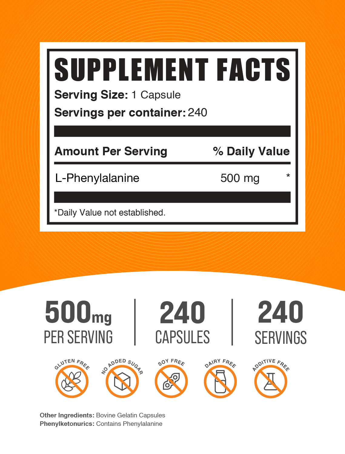 L-Phenylalanine 240 capsules label