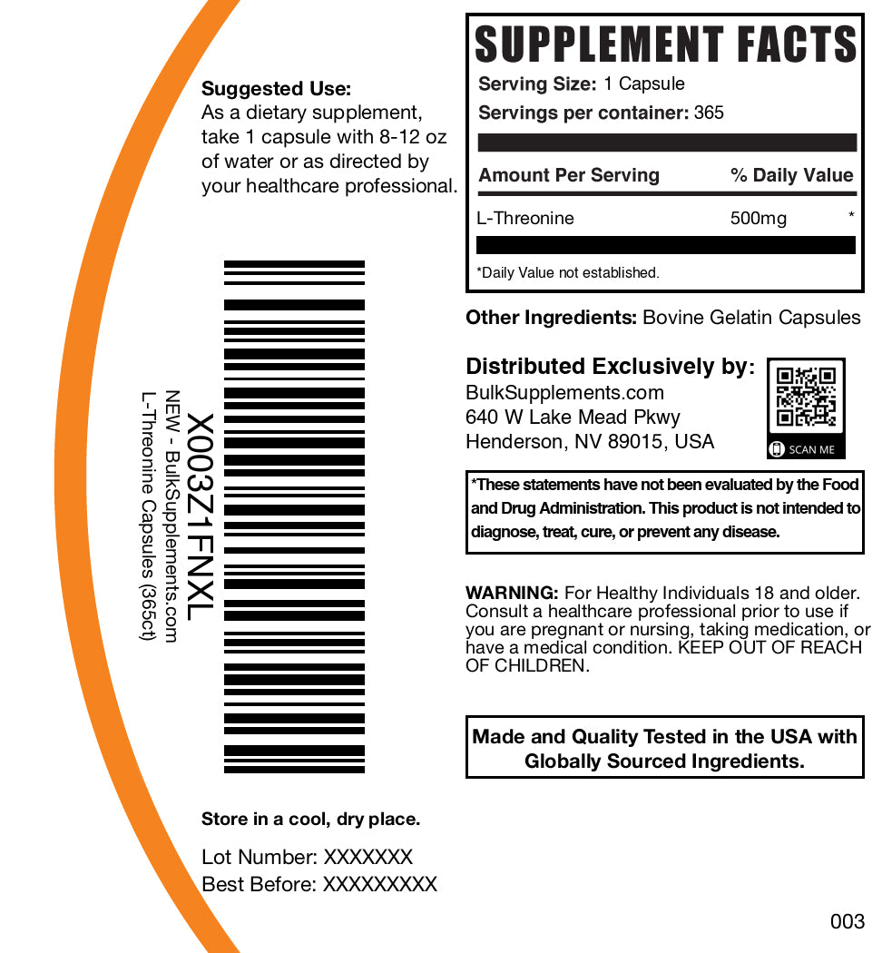 L-Threonine 365 capsules label