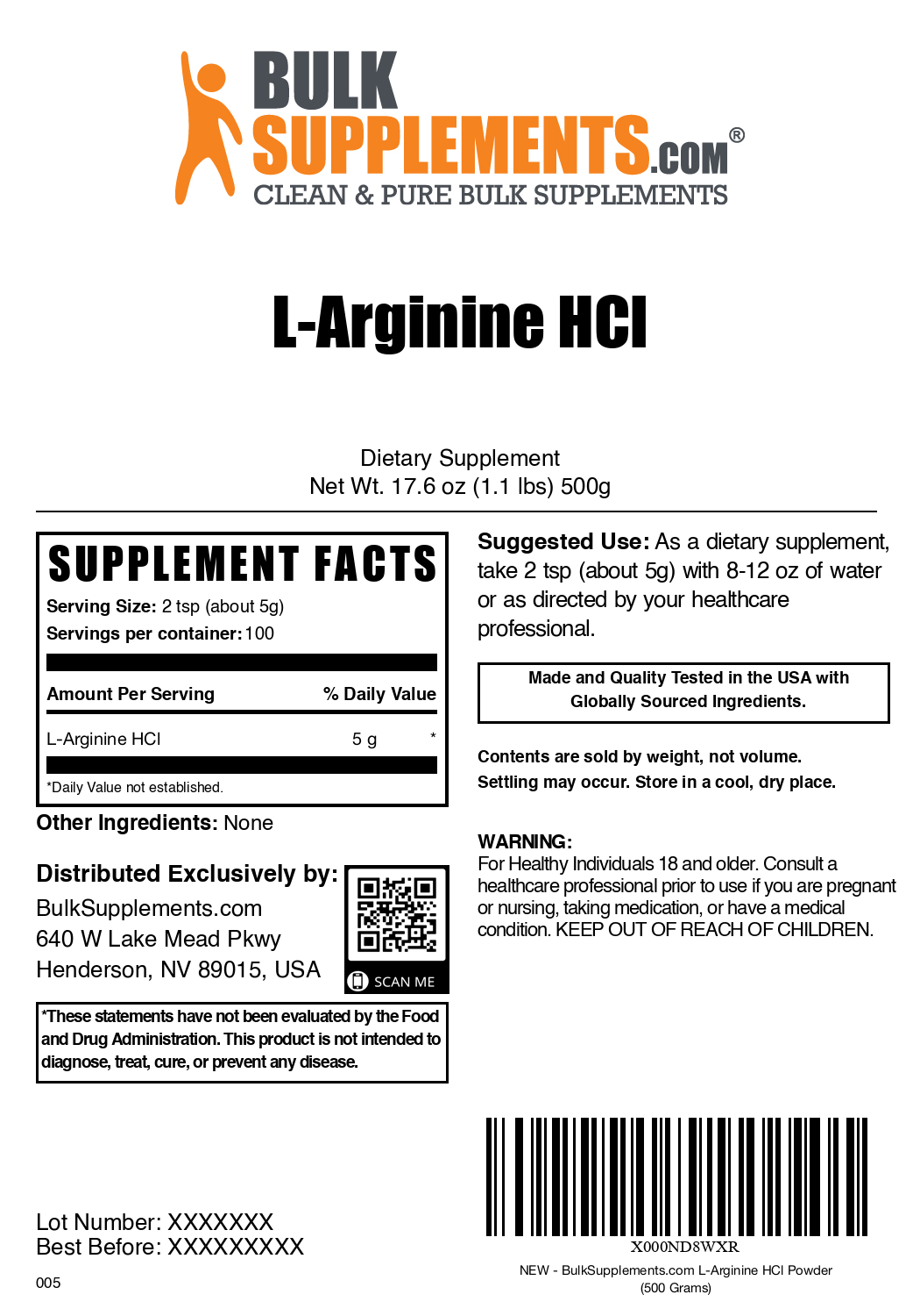 L-Arginine HCl powder label 500g