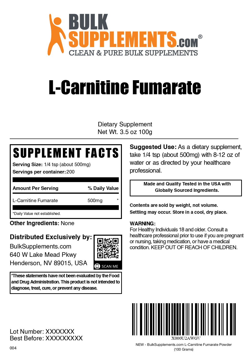 L-Carnitine Fumarate powder label 100g
