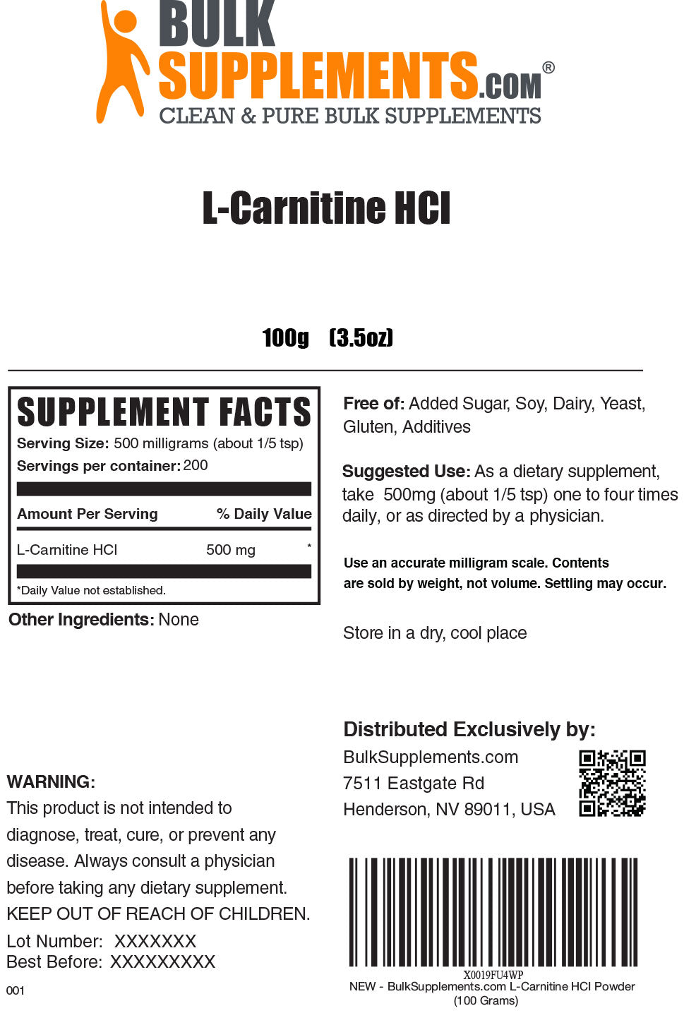 L-Carnitine HCl powder label 100g