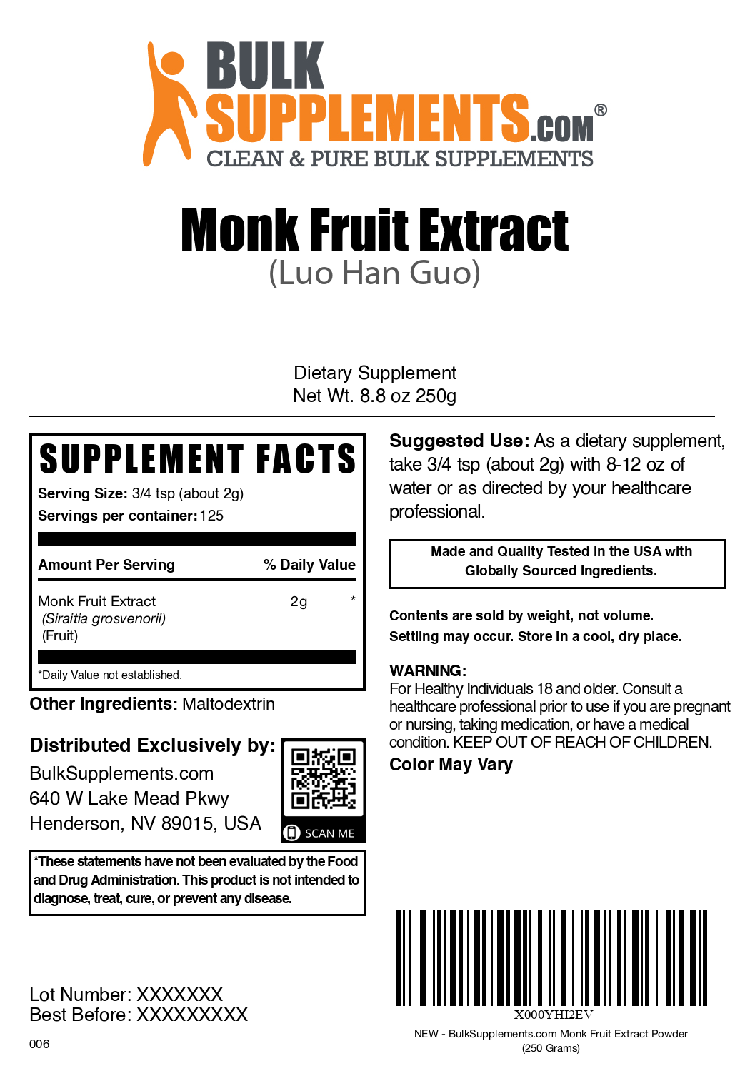 Monk fruit extract powder label 250g
