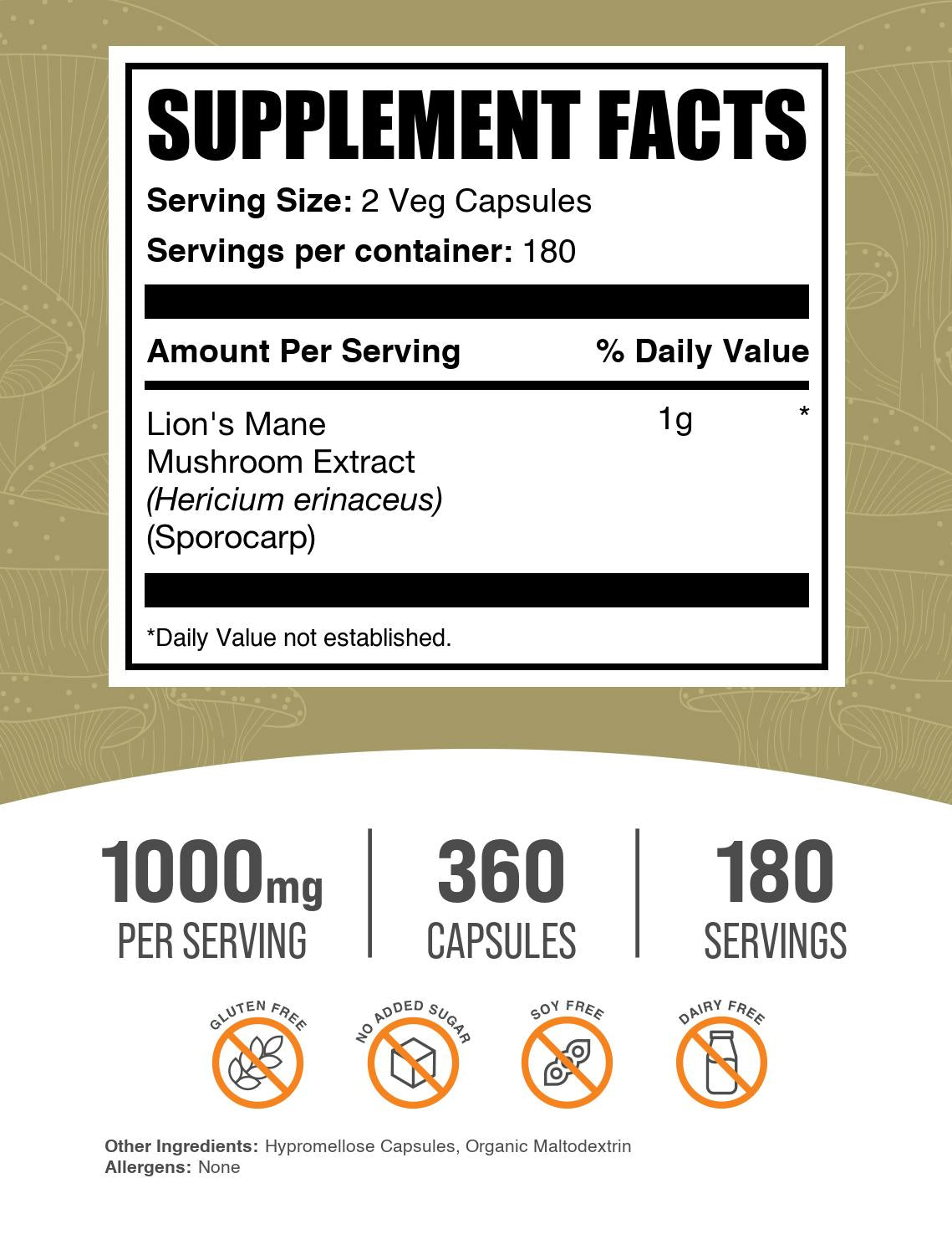 Lion's Mane Mushroom Extract Capsules 360ct Label
