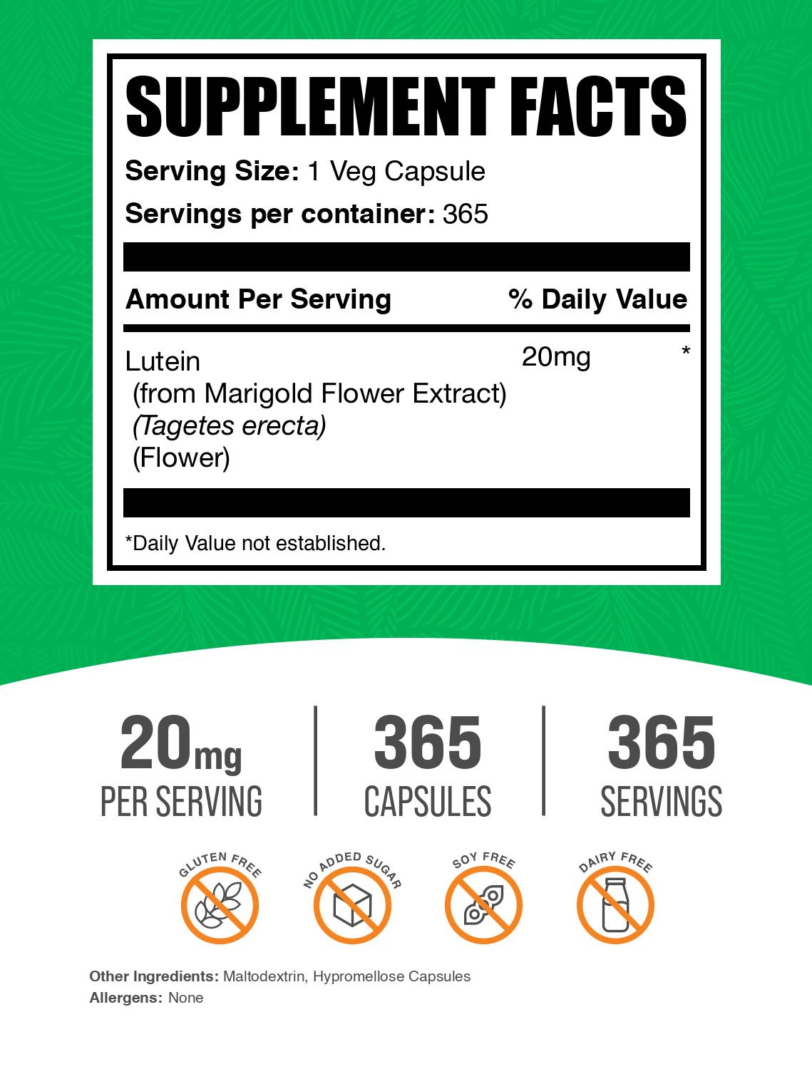 Lutein 20mg 365 capsules label