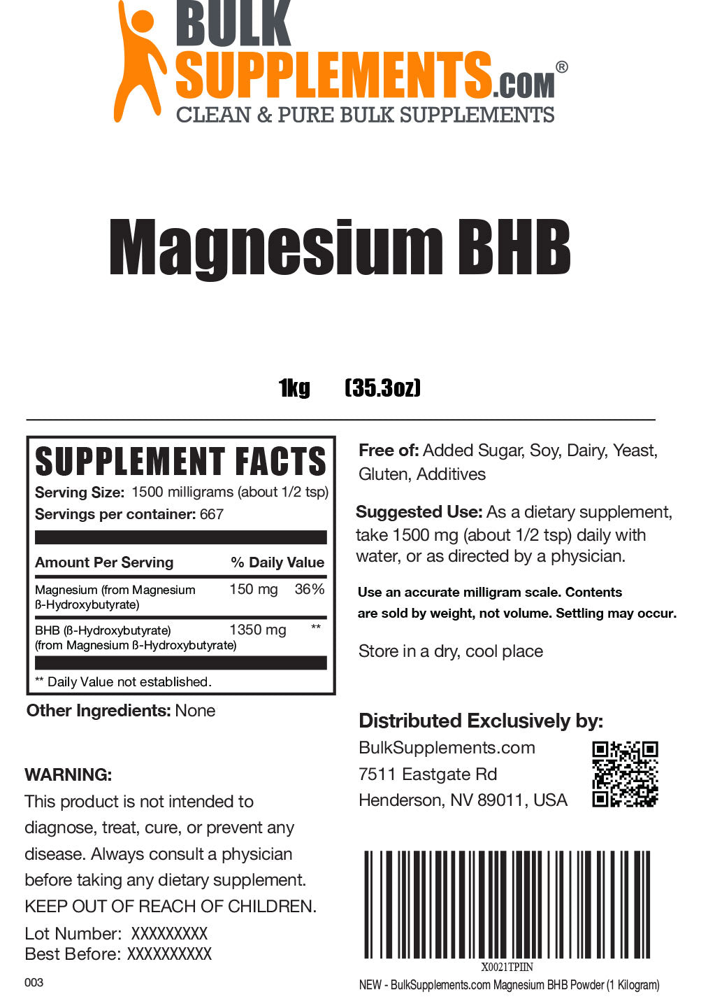 Supplement Facts Magnesium BHB 1 kilogram