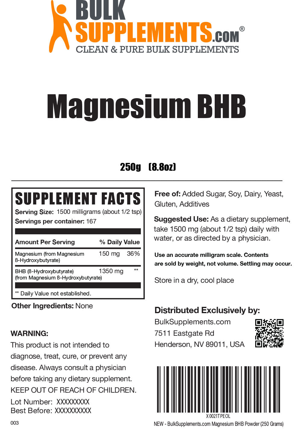 Supplement Facts Magnesium BHB 250 grams
