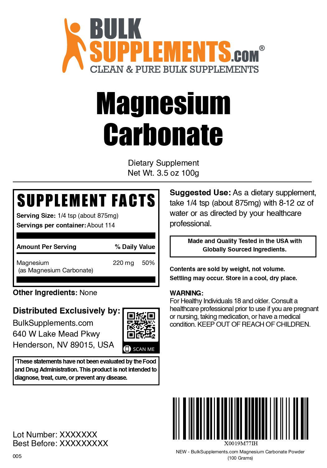 Magnesium Carbonate 100g label